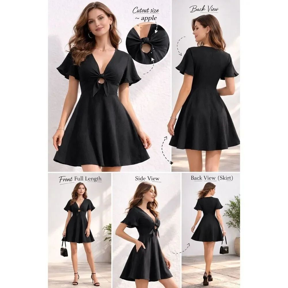 SHEIN Black Cutout Mini Dress Women Size M Tie Front Flowy Skater Dress Chic